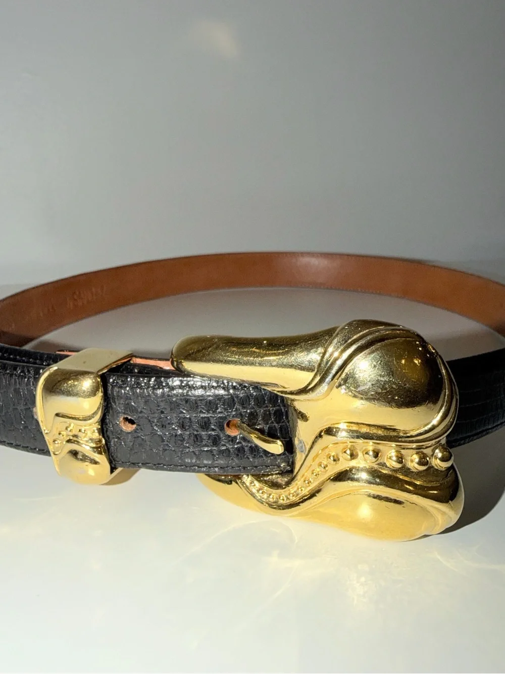 De Sanchez Black Genuine Lizard With Gold-Tone Buckle Belt, Sz 32